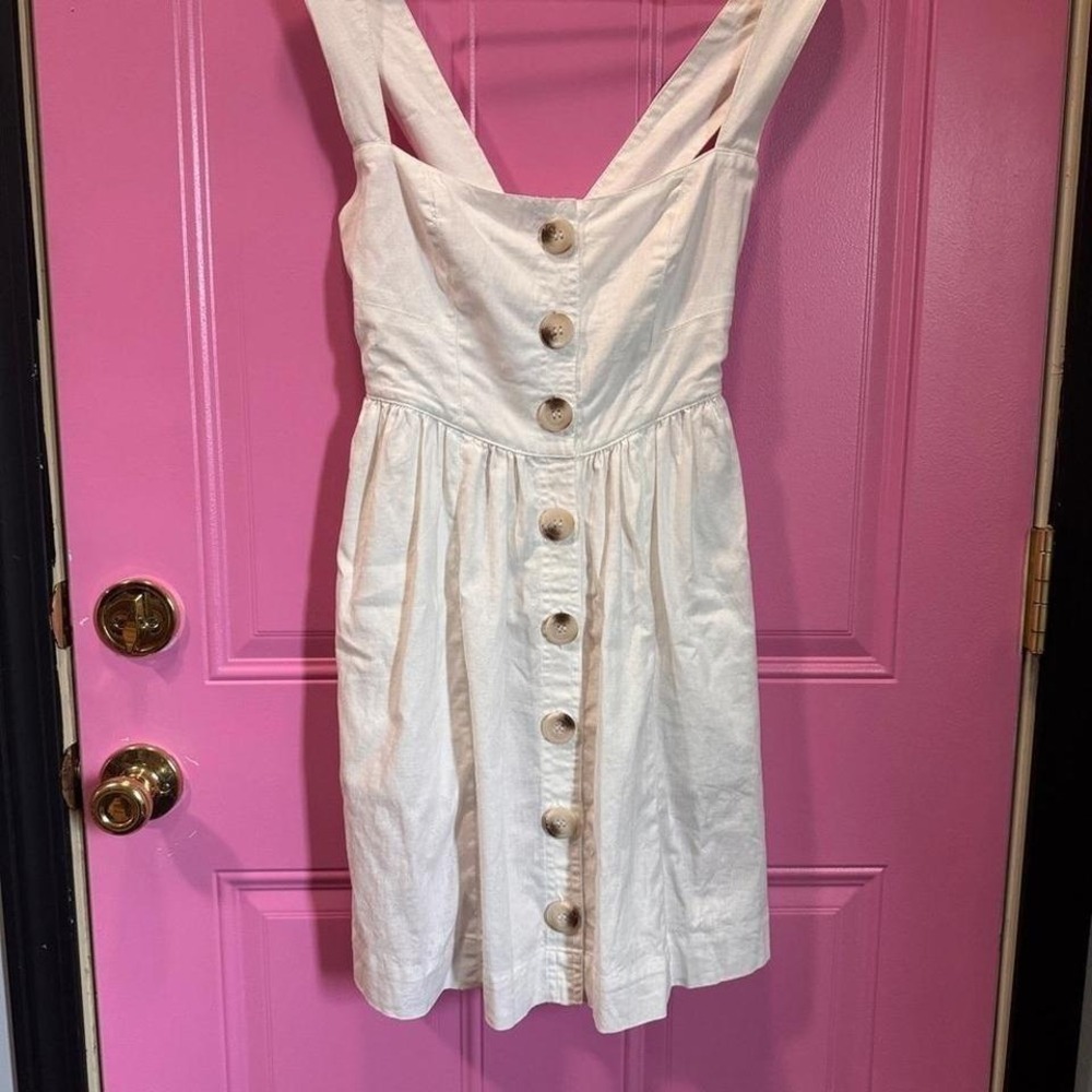 Free People Linen Cotton Button Front‎ Mini Dress Size 0 Square Neck Pockets